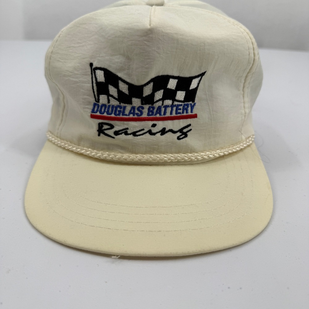 Yupoong Douglas Battery Racing Hat Mens OSFA White Nylon Vintage Snapback Rope